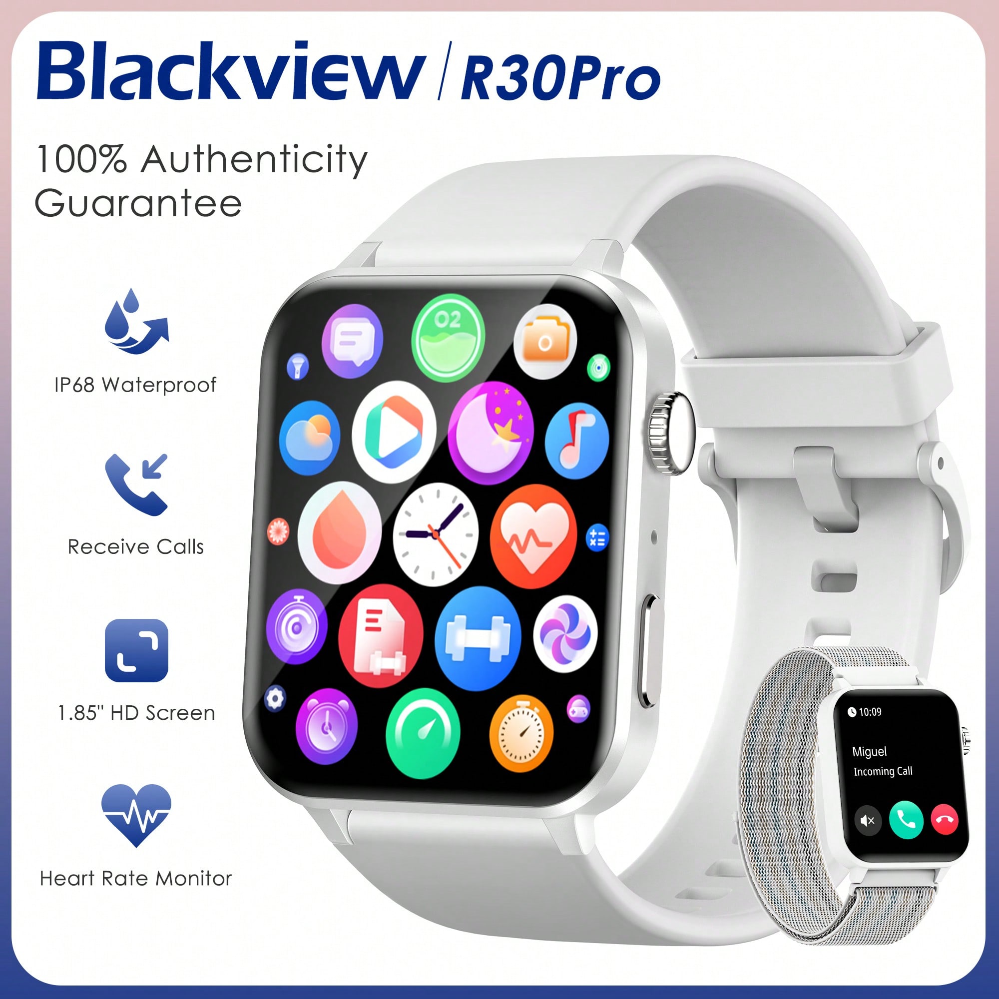 Blackview ساعة ذكية Blackview R30PRO (إجابة / إجراء المكالمات) بشاشة تعمل باللمس HD Full 1.83 بوصة وبلوتوث 5.0 للرجال والنساء ساعات ذكية لتعقب اللياقة البدنية الرياضية ورصد معدل ضربات القلب ومراقبة الأوكسجين ومقاومة للماء مع التنبيهات