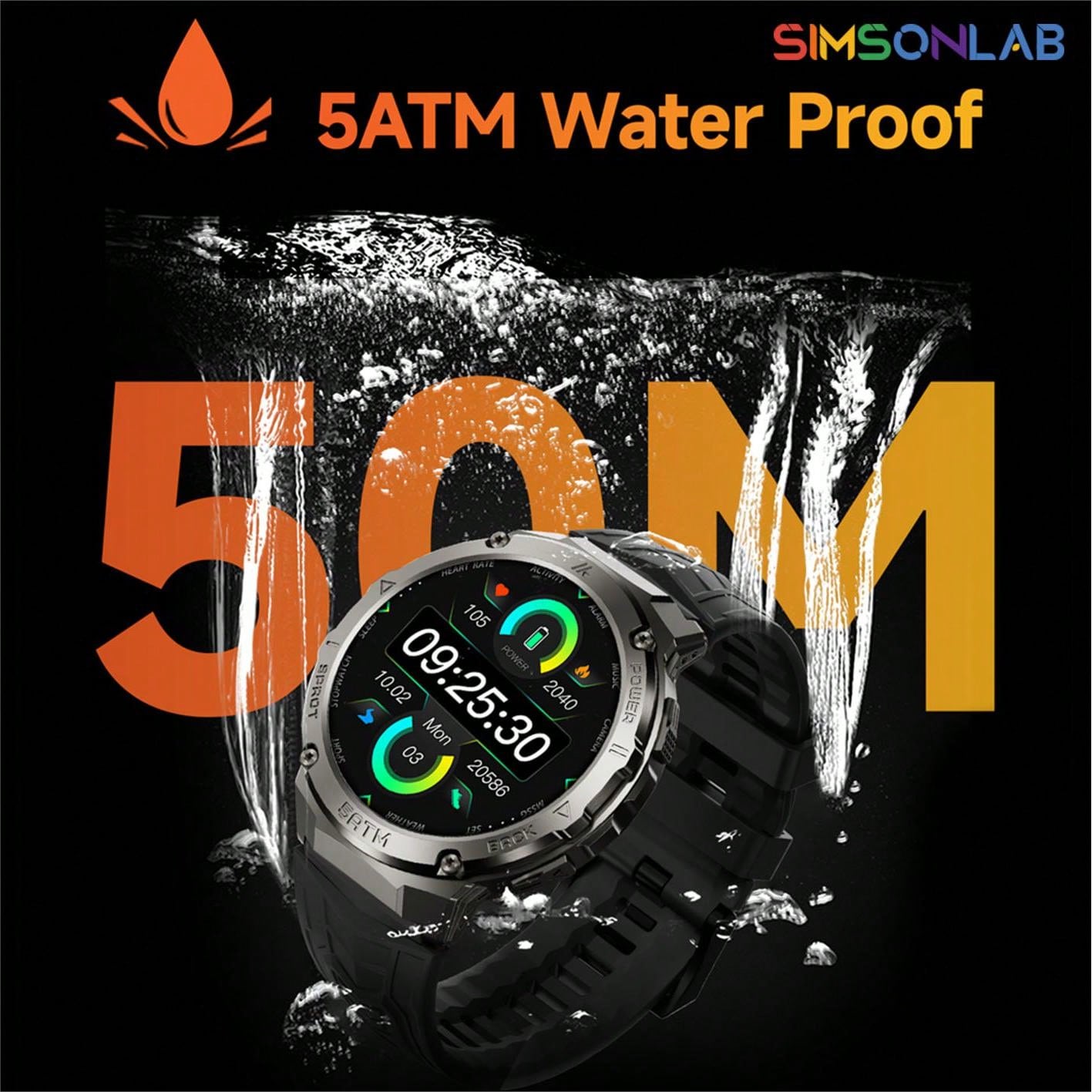 SIMSONLAB ساعة ذكية للرياضة الاحترافية تحت الماء 5ATM وقياس 1.43 بوصة من SIMSONLAB، شاشة عرض AMOLED دائمة التشغيل، مقاومة للماء بمعيار IP68، عمر بطارية طويل، شاشة لمس كاملة، مكالمات السلكية وإشعارات، أكثر من 100 وضع رياضي، مراقبة معدل ضربات القلب والصحة، متوافقة مع Android/iOS، هدية مثالية