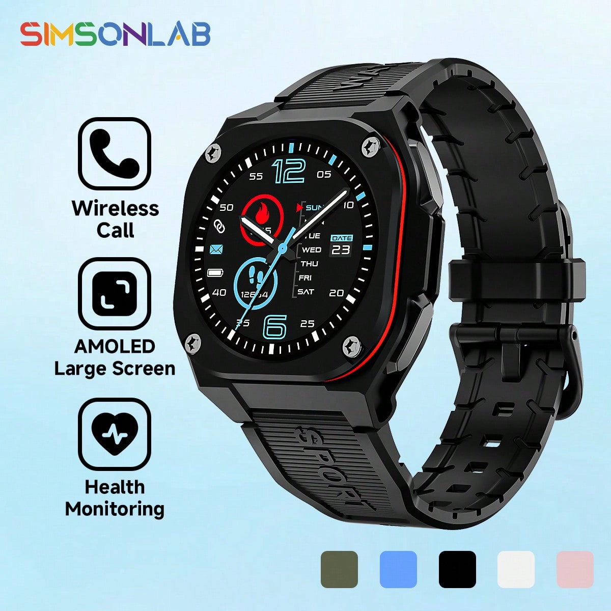 SIMSONLAB ساعة ذكية مع شاشة AMOLED عالية الدقة بقطر 1.28 بوصة، غلاف خلفي من الفولاذ المقاوم للصدأ 316، مقاومة للماء 5ATM، رصد متعدد الوظائف للرياضة والصحة، مكالمات بلوتوث، تشغيل الموسيقى، متوافقة مع Android و iOS